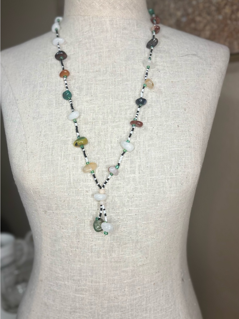 Hand Crafted Gemstone Chip Y Necklace Seed Bead Earthy Boho Festival